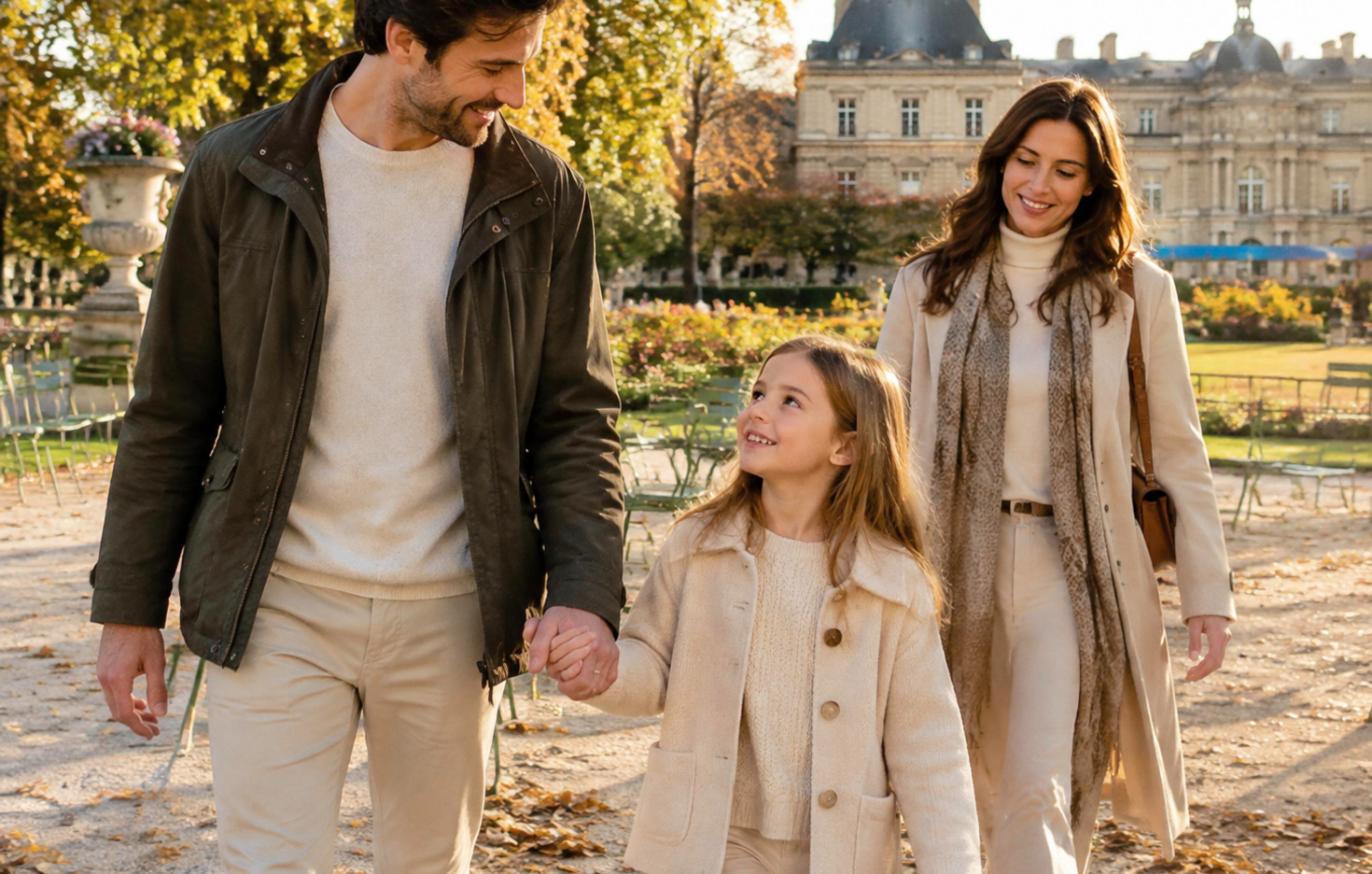 Une famille se promène main dans la main dans un jardin parisien
