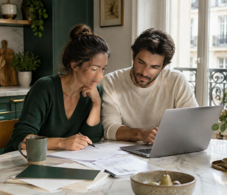 Couple examinant les garanties de prévoyance sur un ordinateur