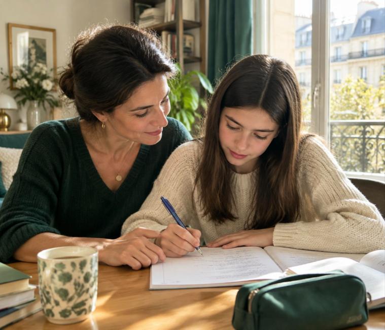 Mère et fille partageant un moment dans un appartement parisien
