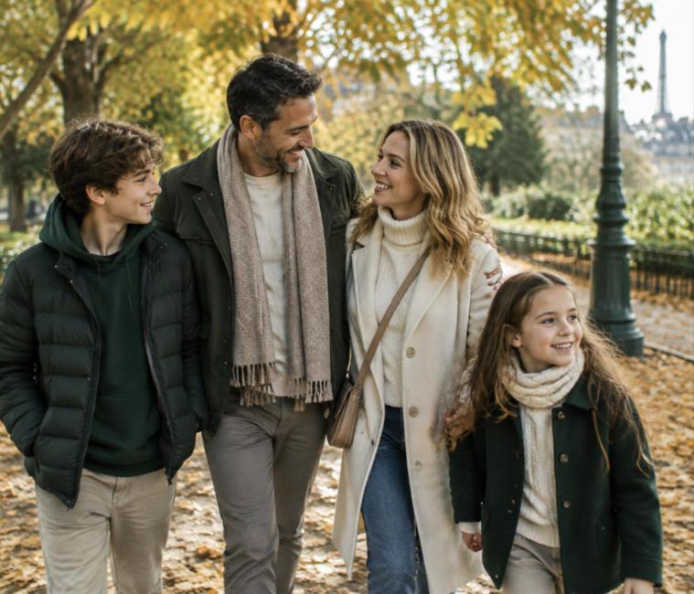 Famille se promenant dans un parc parisien