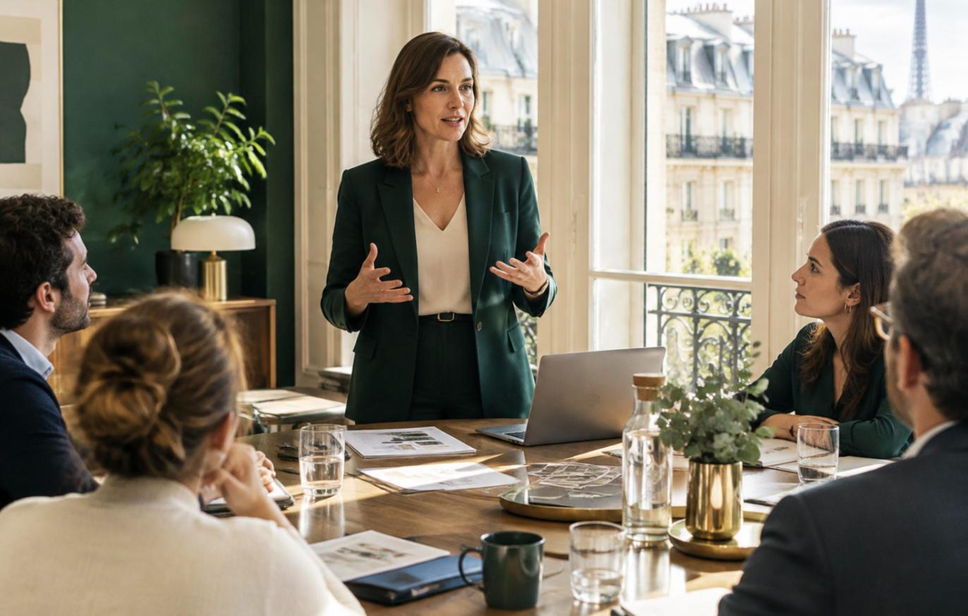 Dirigeante animant une réunion dans un bureau parisien