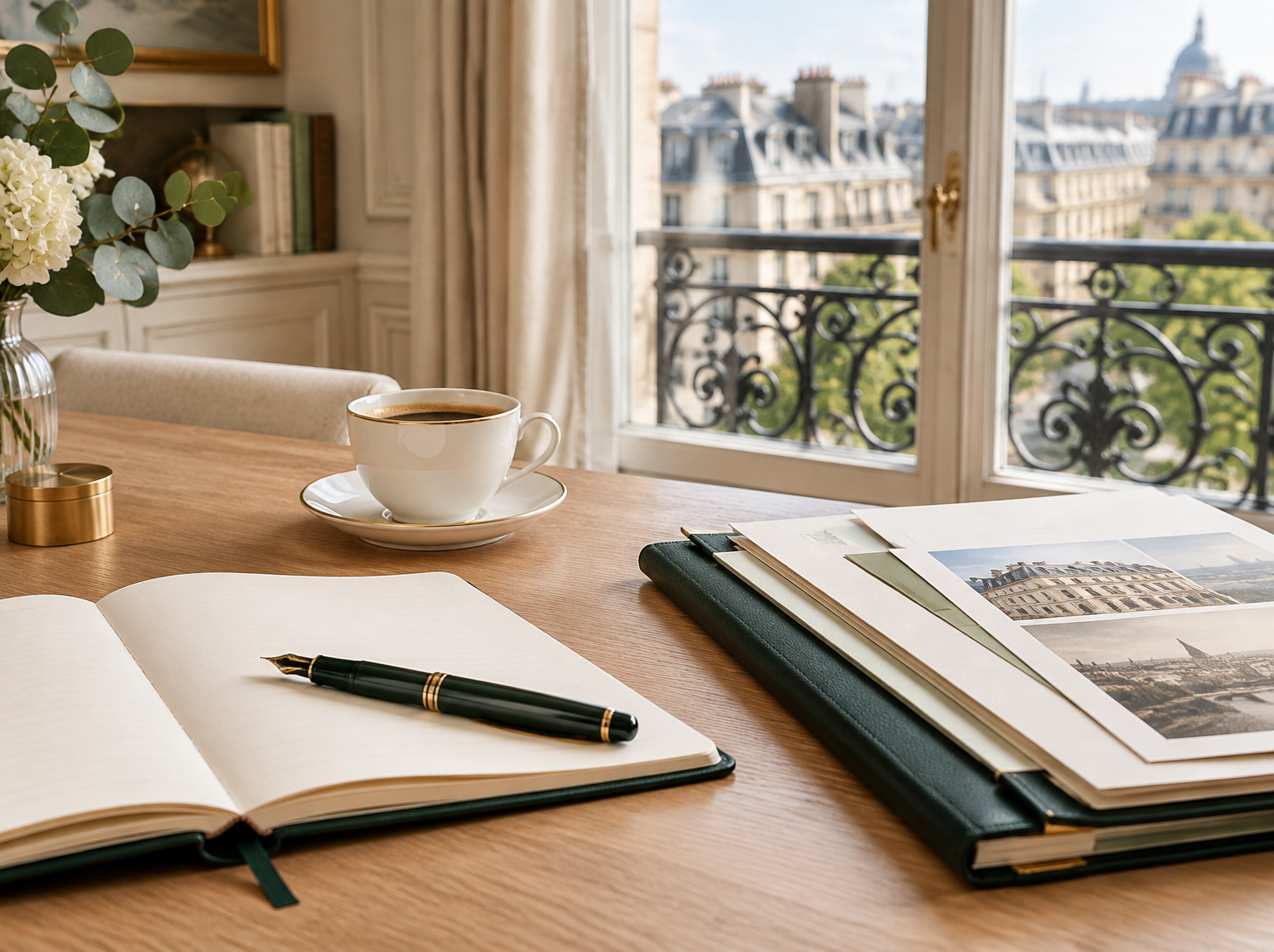 Bureau dans un appartement parisien : carnet ouvert, café et vue sur les toits de Paris