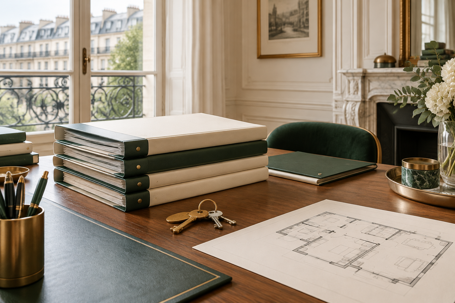 dossiers patrimoniaux sur un bureau parisien