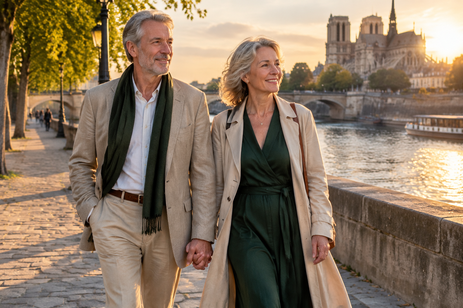 Couple de jeunes retraités se promenant sur les quais de Seine