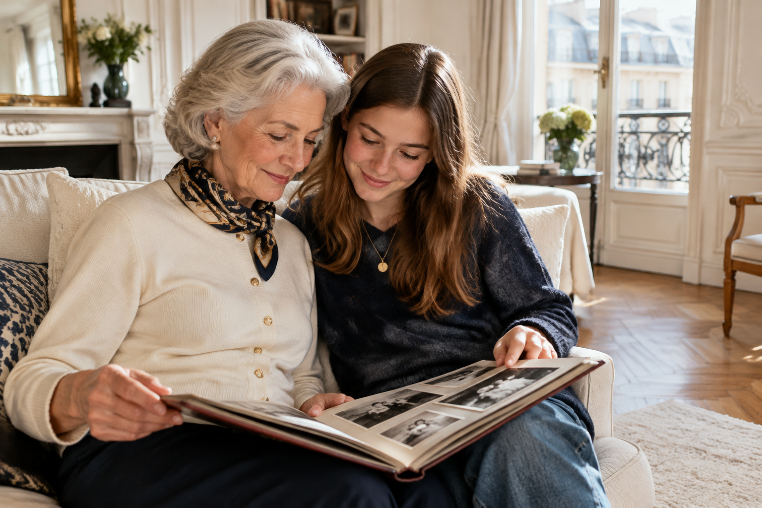 Grand-mère et petite-fille regardant un album de famille