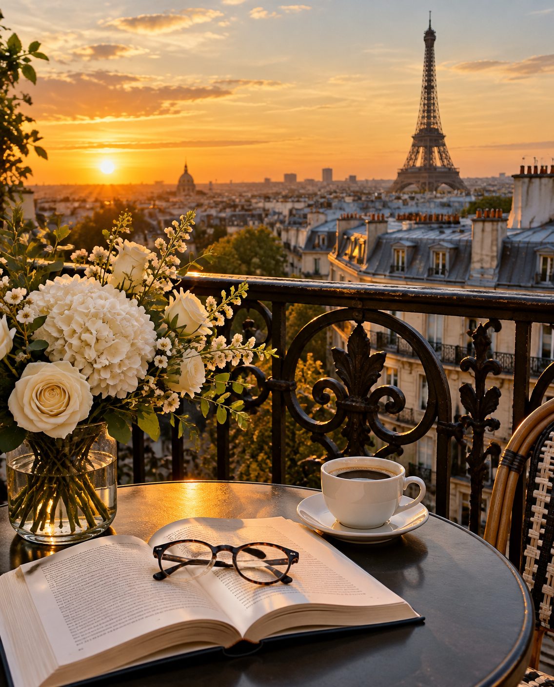 Balcon parisien au coucher du soleil, vue sur la tour Eiffel