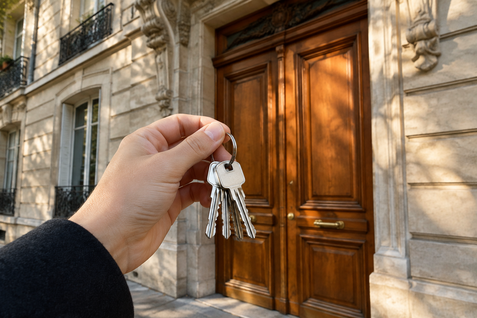 Clés d'un appartement devant la porte d'un immeuble haussmannien
