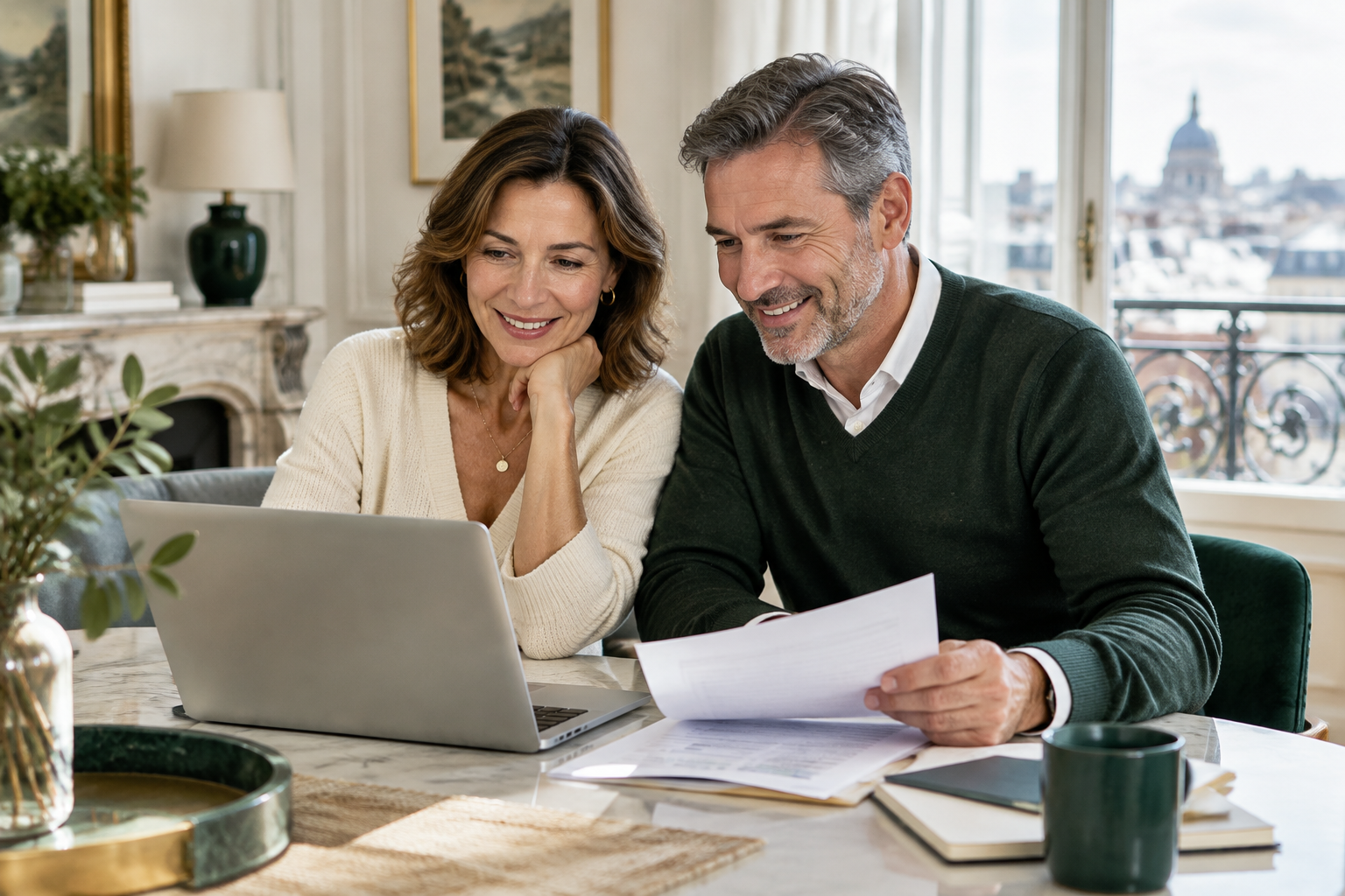 Couple préparant sa retraite devant un ordinateur