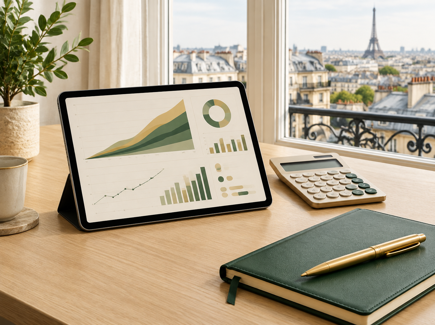 Tablette affichant des graphiques d'épargne sur un bureau avec vue sur Paris