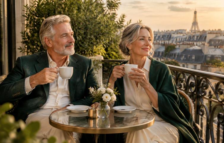 couple de retraités face à la tour Eiffel