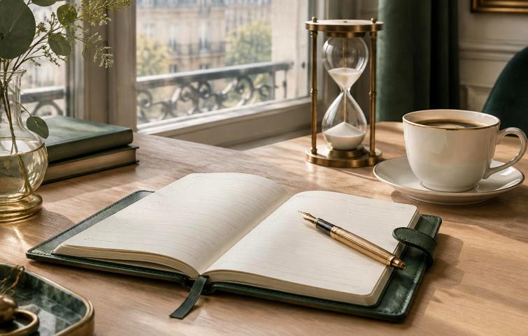 Carnet ouvert et sablier sur un bureau, symbole du temps de l'épargne